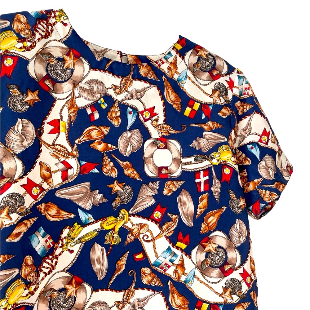 100% Silk Y2K Boxy Nautical Blouse w Shoulder Pads Chain & Scarf Print Sz Small